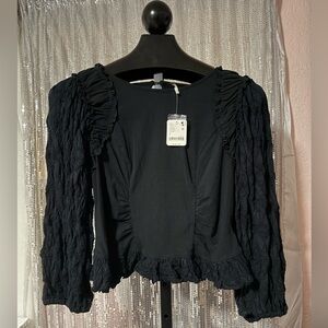 NWT Free People Black Ruched Sleeve Blouse Sz L🖤